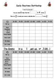 English Worksheet: Daily Routines Battleship Game