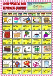 English Worksheet: Unit words for expressing quantity + KEY