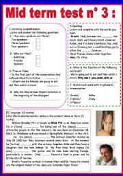 English Worksheet: MID TERM TEST N 3