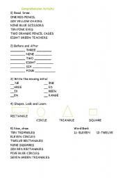 English Worksheet: Comprehension Activity on School objects, Shapes and Numbers