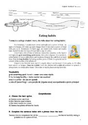 English Worksheet: Eating habits - reading comprehnsion