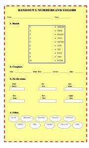 English worksheet: NUMBERS AND COLORS
