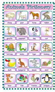 English Worksheet: animals pictionary
