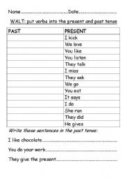 English worksheet: past and present tense