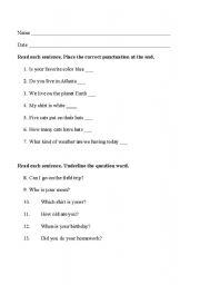 English worksheet: Types of Sentences: Questions and Statements