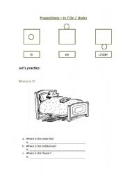 English Worksheet: Prepositions - In, On and Under