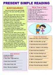English Worksheet: Mary and Sarah( present simple reading)
