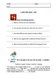 English worksheet: special days : test step 1 - New Year (including Chinese New Year).