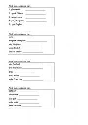 English worksheet: Find a friend who can...