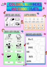 English Worksheet: Colors, Numbers and School Objects