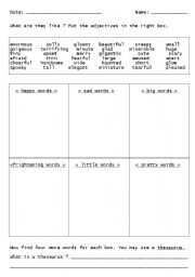 English worksheet: SORTING ADJECTIVES