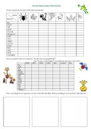 English Worksheet: Animal Description Battleship