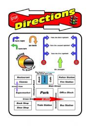 English Worksheet: Directions Worksheett, With Symbols and Map. Also In black and white. 