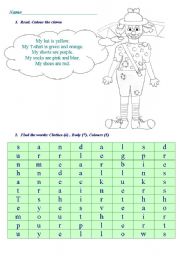 English Worksheet: Colours, Clothes, Parts of the body