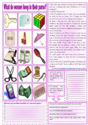 English Worksheet: What do women keep in their purse? (Reading comprehension + vocabulary + homework) ***fully editable ((2 pages))