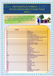 English Worksheet: BASIC MATHEMATICAL SYMBOLS - HOW SHOULD WE READ THEM? 