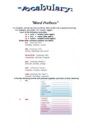English Worksheet: Vocabulary Prefixes