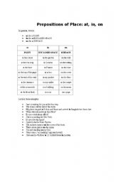 English worksheet: Preposition of place: at in on