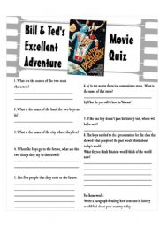 English worksheet: Bill & Teds Excellent Adventure Movie Quiz and PreMovie Vocab Sheet