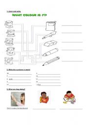 English Worksheet: Colours, preset continuous, there+ be