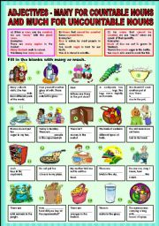 English Worksheet: Adjectives - many for countable nouns and much for uncountable nouns