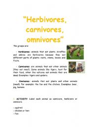 English worksheet: Animals: Herbibores, carnivores, omnivores 