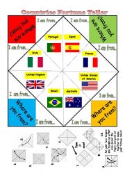 English Worksheet: Countries - Fortune Teller (with b&w version included)