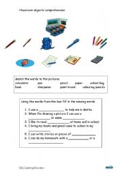 English worksheet: Classroom Objects Comprehension