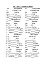 English Worksheet: Simple Exercise - am are is to was were