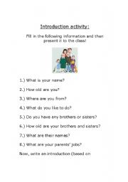 English worksheet: Middle School Introduction Activity