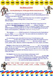 English Worksheet: Reading Activity: The History of LEGO. Fill the gaps with the right word. Answer the questions. Form the questions. 