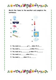 English worksheet: items and weather matching worksheet plus key