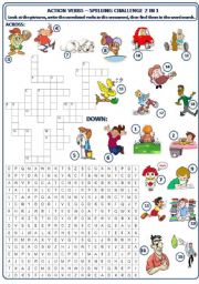 English Worksheet: ACTION VERBS - SPELLING CHALLENGE 2 IN 1 