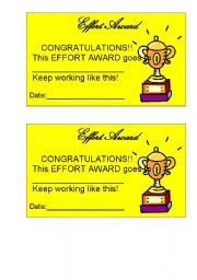 English Worksheet: Awards! 6 pages effort award, english language, good behaviour, responsibility, helpful friend