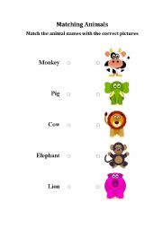 English worksheet: Matching Animals