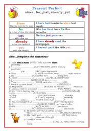 English Worksheet: PRESENT PERFECT Since, For, Just, Already, Yet ( 2 pages)