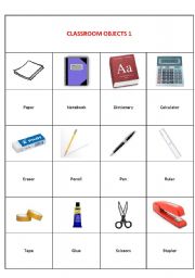 English worksheet: CLASSROOM OBJECTS 1