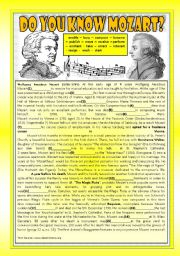 English Worksheet: DO YOU KNOW MOZART? (!!! with KEY !!!) (PAST TENSE READING)