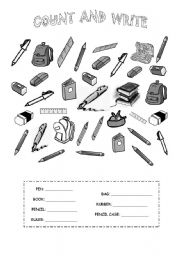 English Worksheet: count the school objects and then write the numbers