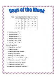 English Worksheet: Days of The Week