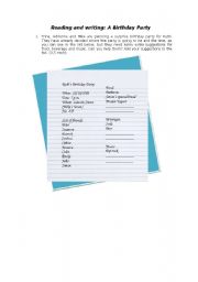 English worksheet: Birthday Planning - guests and food list - part 1
