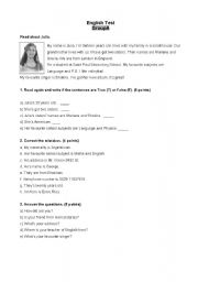 English Worksheet: English test Present Simple Personal Information