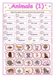 English Worksheet: Animals - matching (1/3)