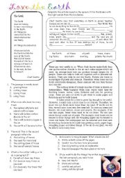 English Worksheet: Love the Earth Comprehension Excercise