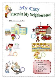 English Worksheet: My City/ Places in my Neighborhood ( 2 Pages )