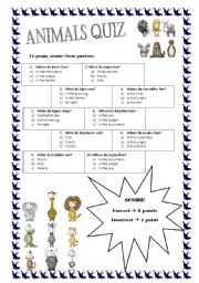 English worksheet: Animals quiz