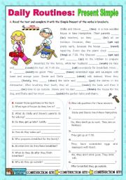 English Worksheet: Daily Routines -  Simple Present  -  Context :  School Break  