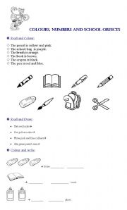 English Worksheet: Colours, Numbers and School Objects