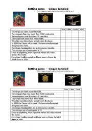 English worksheet: La Nouba  Cirque du Soleil betting game