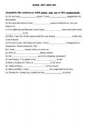 English Worksheet: Fill in the blanks with some, any, no or compounds